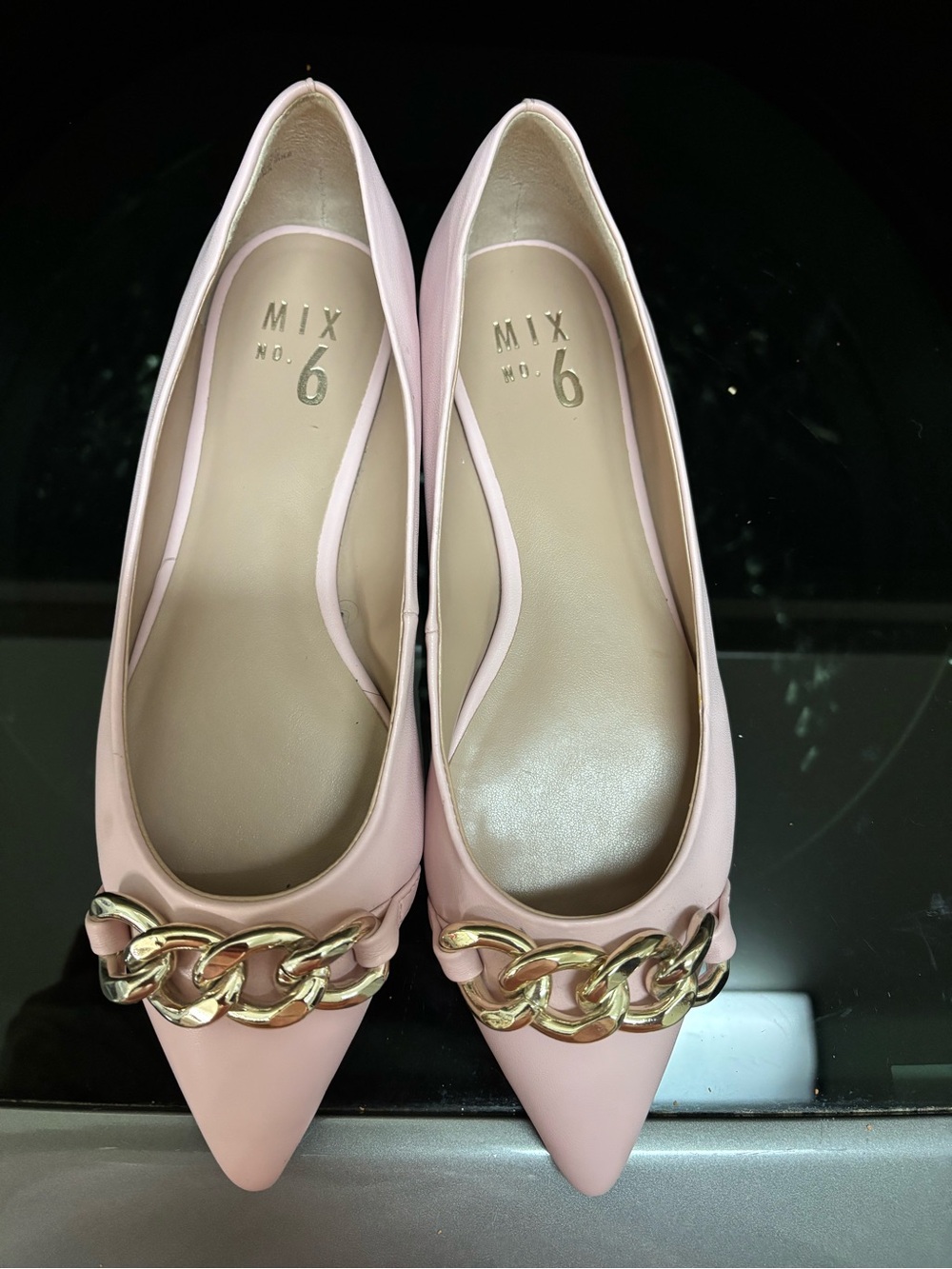 Mix No. 6 Blush Pink Pointed Toe Flats with Gold Chain Accent